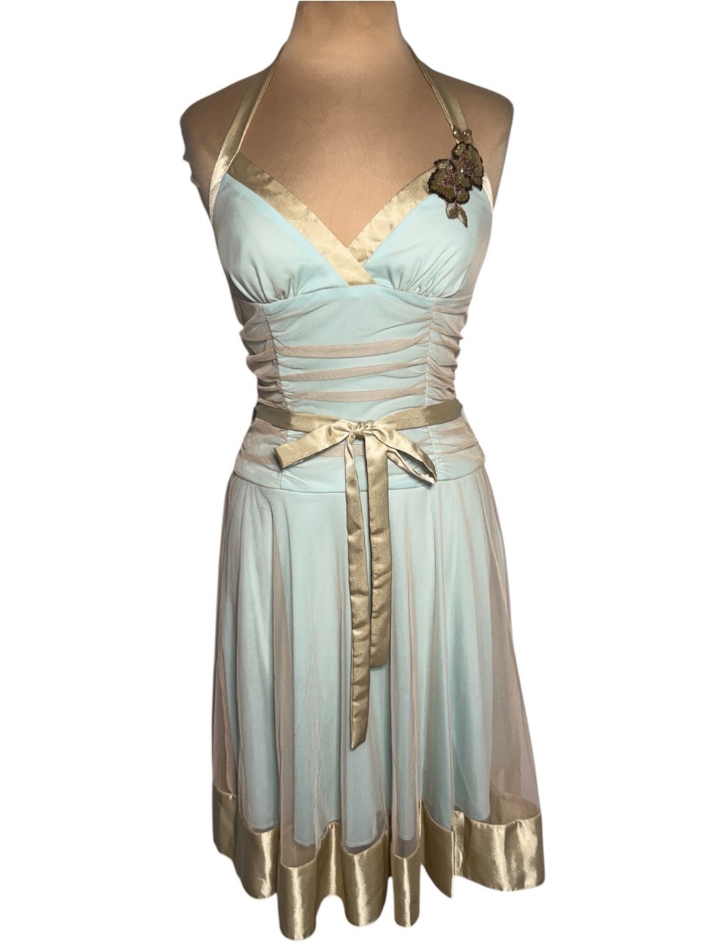 Vintage 90’s Y2K City Triangles Aqua Dress Gold Mesh overlay and trim Fairycore - Picture 4 of 12